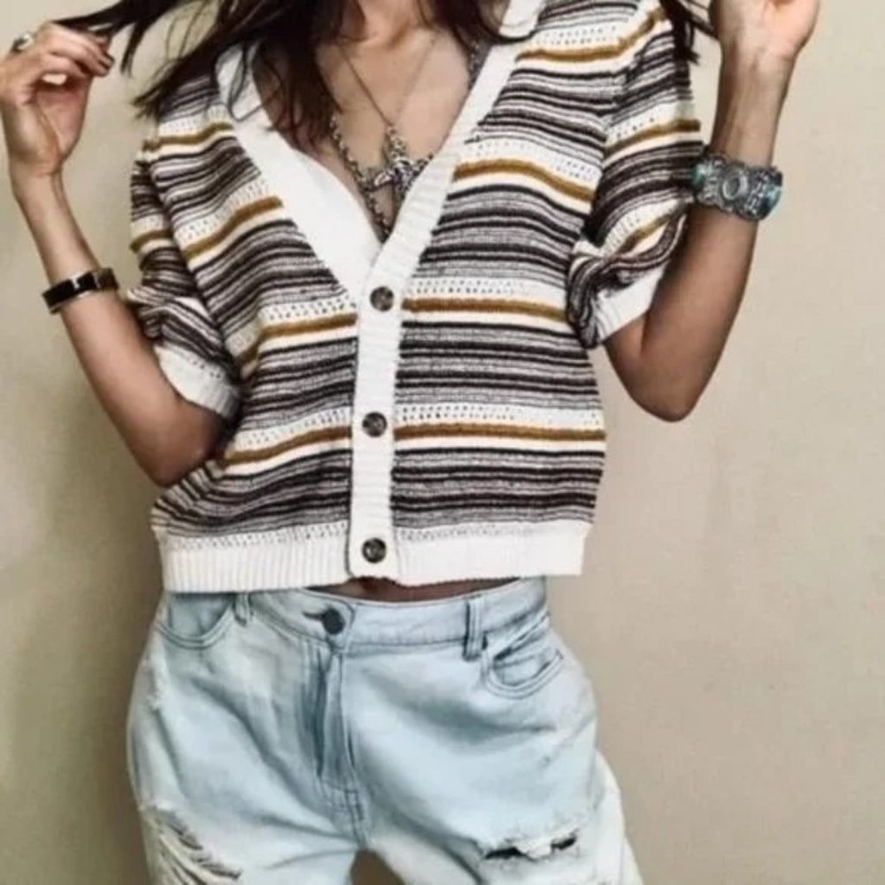 House of Harlow 1960 Striped Knit Puffed Sleeves Sweater Cardigan Women’s Size L